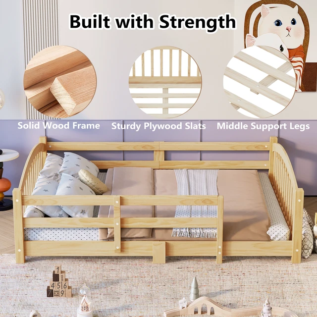 Alt view image 4 of 7 - Twin Montessori Floor Bed with Slats and Safety Guardrails, Solid Wood Floor Bed with Fence and Without Door, Easy Assemble Montessori Bed for Girls and Boys, Natural