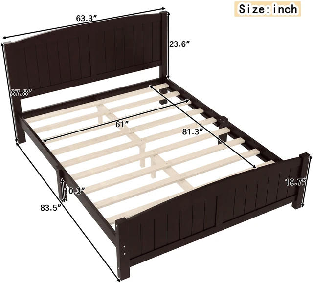 Alt view image 4 of 7 - Queen Size Platform Bed, Solid Wood Platform Bed with Support Slats and Strong Structure, No Box Spring Needed, Espresso