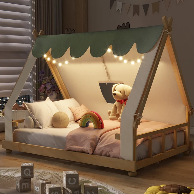 Alt view image 3 of 7 - Full Size House Bed with Tent and Light,White