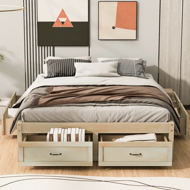 Alt view image 2 of 7 - Queen Size Platform Bed with 6 Storage Drawers, Antique Natural