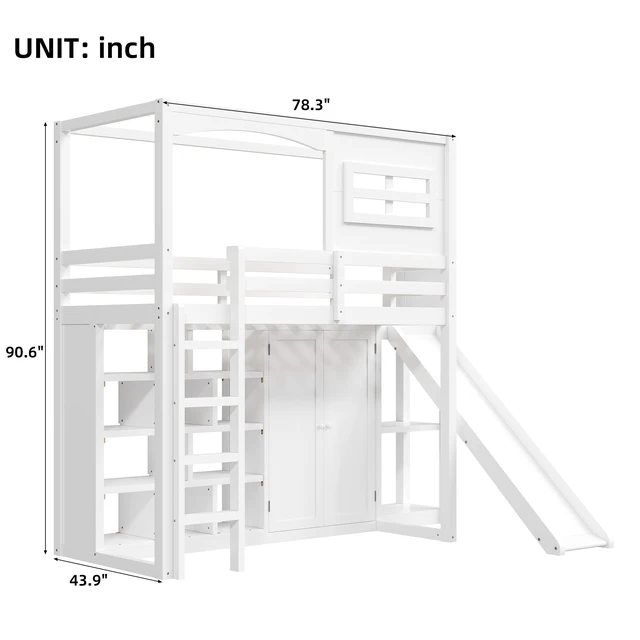 Alt view image 4 of 7 - Wood Twin Size Loft Bed with Wardrobe, Storage Shelves, Slide and LED, White