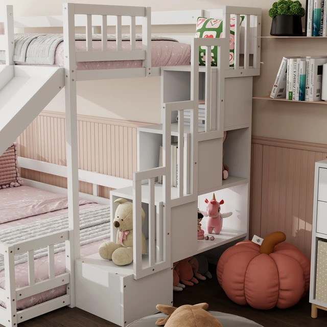 Alt view image 6 of 7 - Twin Over Full Bunk Bed with Slide, Storage Staircase, Pine Solid Wooden Bunk Bed with Safety Guardrails,White
