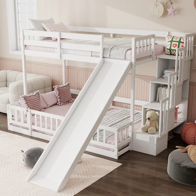 Alt view image 3 of 7 - Twin Over Full Bunk Bed with Slide, Storage Staircase, Pine Solid Wooden Bunk Bed with Safety Guardrails,White