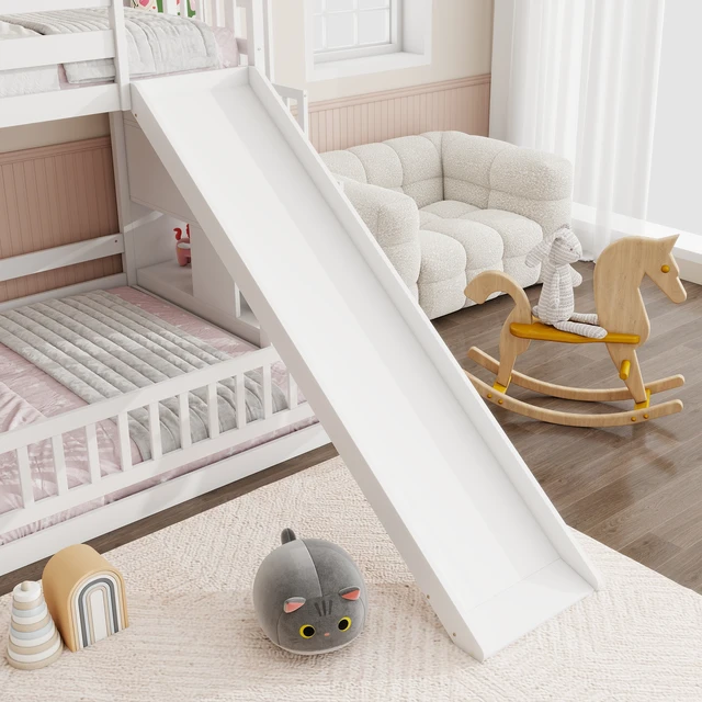 Alt view image 7 of 7 - Twin Over Full Bunk Bed with Slide, Storage Staircase, Pine Solid Wooden Bunk Bed with Safety Guardrails,White