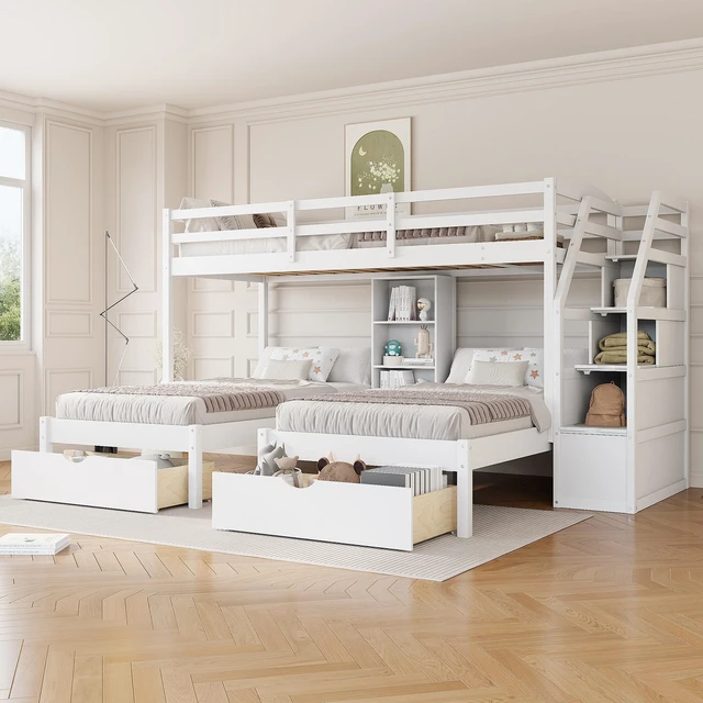 Main image of Twin over Twin&Twin Bunk Bed, Triple Bunk Bed with Drawers, Staircase with Storage, Built-in Shelves, White