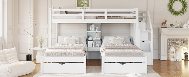 Alt view image 4 of 7 - Twin over Twin&Twin Bunk Bed, Triple Bunk Bed with Drawers, Staircase with Storage, Built-in Shelves, White