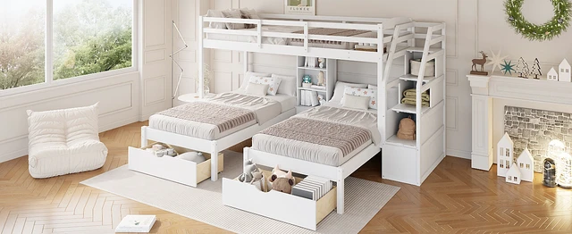 Alt view image 5 of 7 - Twin over Twin&Twin Bunk Bed, Triple Bunk Bed with Drawers, Staircase with Storage, Built-in Shelves, White