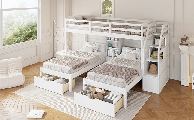 Alt view image 7 of 7 - Twin over Twin&Twin Bunk Bed, Triple Bunk Bed with Drawers, Staircase with Storage, Built-in Shelves, White
