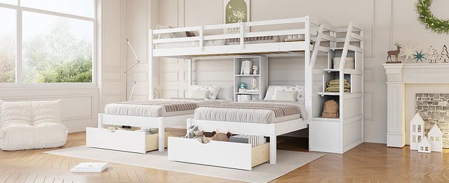 Alt view image 6 of 7 - Twin over Twin&Twin Bunk Bed, Triple Bunk Bed with Drawers, Staircase with Storage, Built-in Shelves, White