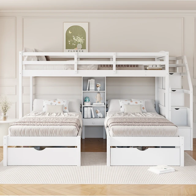 Alt view image 3 of 7 - Twin over Twin&Twin Bunk Bed, Triple Bunk Bed with Drawers, Staircase with Storage, Built-in Shelves, White