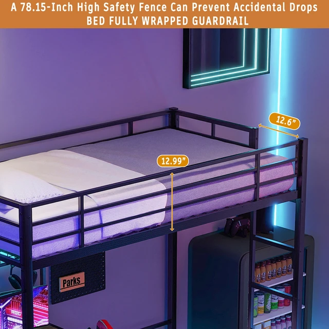 Alt view image 3 of 7 - Bunk Bed Twin Over Twin Size with Desk Station L-Shaped Metal Bunk Bed Storage Shelves and Drawers Loft Beds with Safety Guardrail and Ladder for Teen,Black