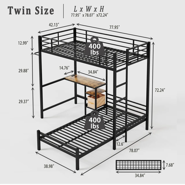 Alt view image 2 of 7 - Bunk Bed Twin Over Twin Size with Desk Station L-Shaped Metal Bunk Bed Storage Shelves and Drawers Loft Beds with Safety Guardrail and Ladder for Teen,Black