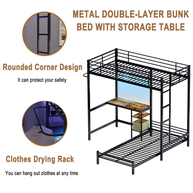 Alt view image 6 of 7 - Bunk Bed Twin Over Twin Size with Desk Station L-Shaped Metal Bunk Bed Storage Shelves and Drawers Loft Beds with Safety Guardrail and Ladder for Teen,Black