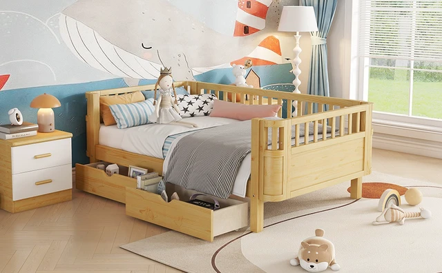 Alt view image 5 of 7 - Twin Size Wood Platform Bed for Kids, Wood Low Profile Twin Bed with Rails for Girls and Boys, Natural