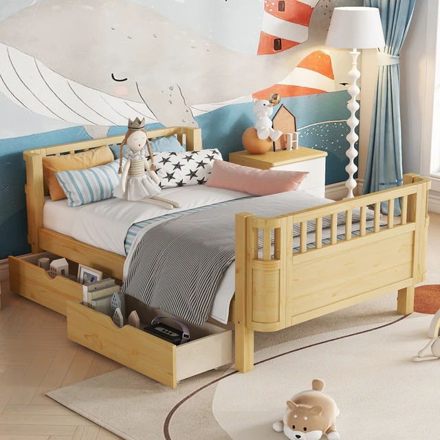 Alt view image 4 of 7 - Twin Size Wood Platform Bed for Kids, Wood Low Profile Twin Bed with Rails for Girls and Boys, Natural