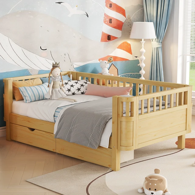 Alt view image 2 of 7 - Twin Size Wood Platform Bed for Kids, Wood Low Profile Twin Bed with Rails for Girls and Boys, Natural