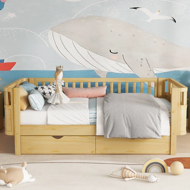 Alt view image 3 of 7 - Twin Size Wood Platform Bed for Kids, Wood Low Profile Twin Bed with Rails for Girls and Boys, Natural