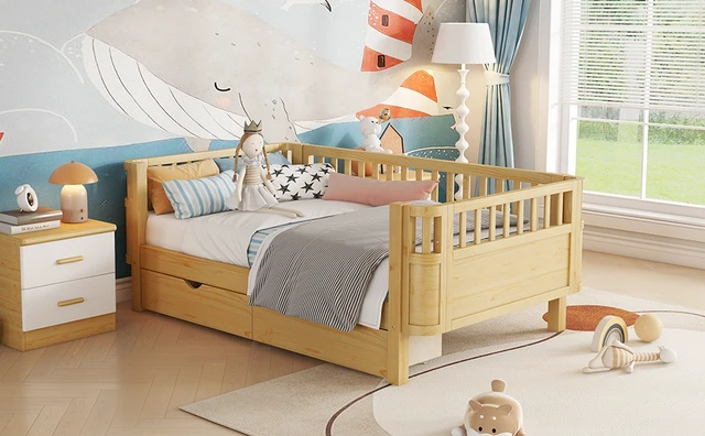 Alt view image 6 of 7 - Twin Size Wood Platform Bed for Kids, Wood Low Profile Twin Bed with Rails for Girls and Boys, Natural