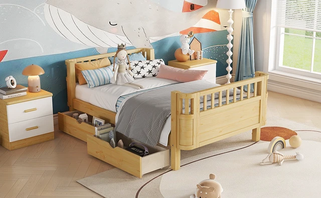 Alt view image 7 of 7 - Twin Size Wood Platform Bed for Kids, Wood Low Profile Twin Bed with Rails for Girls and Boys, Natural