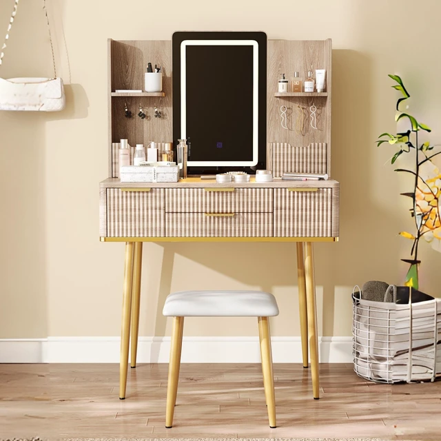 Main image of 4-Drawer Vanity Desk with LED Mirror & Carved Details, Fluted Makeup Table with Metal Legs and PU Stool, Carved Dressing Table with Jewelry Storage for Bedroom