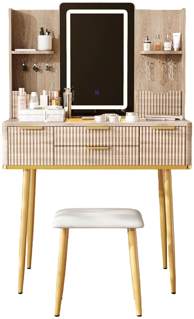Alt view image 3 of 7 - 4-Drawer Vanity Desk with LED Mirror & Carved Details, Fluted Makeup Table with Metal Legs and PU Stool, Carved Dressing Table with Jewelry Storage for Bedroom