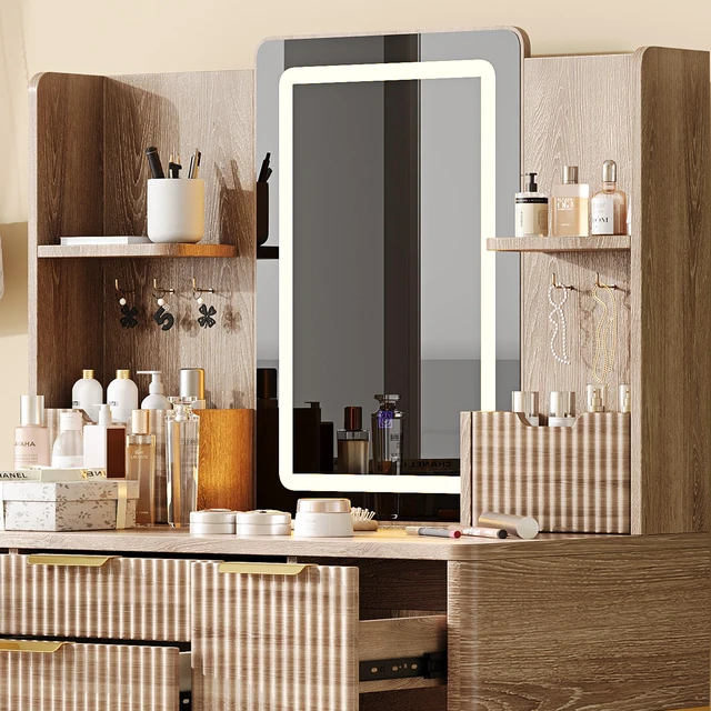 Alt view image 2 of 7 - 4-Drawer Vanity Desk with LED Mirror & Carved Details, Fluted Makeup Table with Metal Legs and PU Stool, Carved Dressing Table with Jewelry Storage for Bedroom
