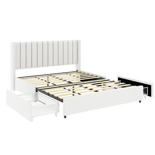 Alt view image 5 of 7 - Anda Patented 2-Drawers Storage Bed Queen Size Ivory Boucle Upholstered Platform Bed, Tufted Headboard, Wooden Slat Mattress Support, No Box Spring Needed
