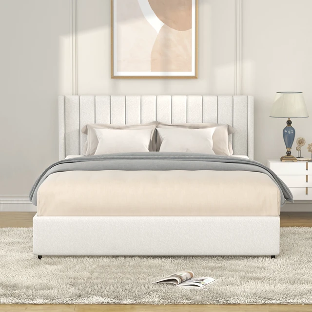 Alt view image 3 of 7 - Anda Patented 2-Drawers Storage Bed Queen Size Ivory Boucle Upholstered Platform Bed, Tufted Headboard, Wooden Slat Mattress Support, No Box Spring Needed