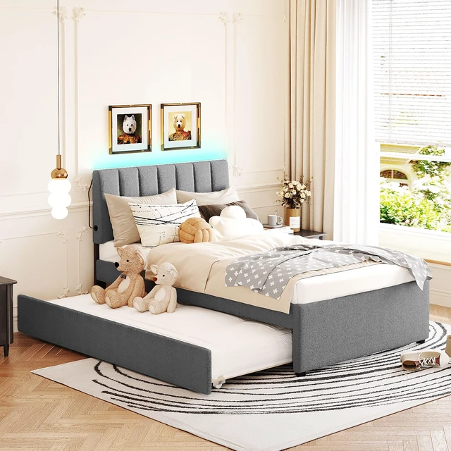 Main image of Teddy Fleece Twin Size Upholstered Platform Bed with Trundle, Gray