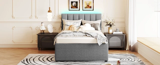 Alt view image 4 of 7 - Teddy Fleece Twin Size Upholstered Platform Bed with Trundle, Gray