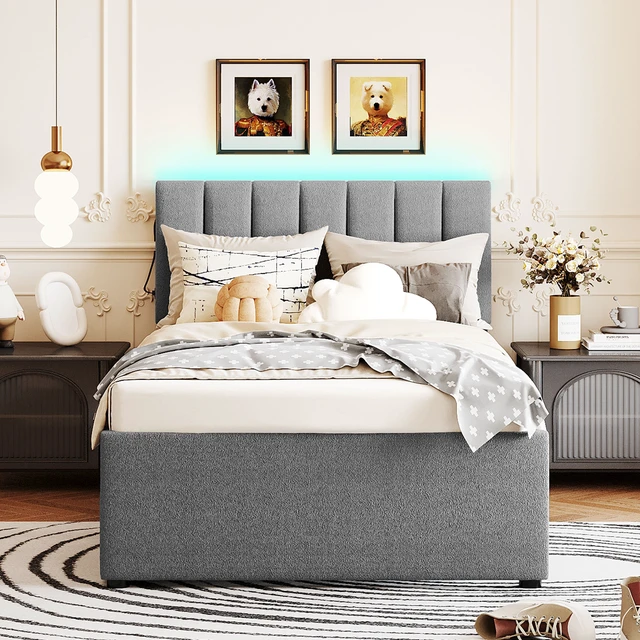 Alt view image 2 of 7 - Teddy Fleece Twin Size Upholstered Platform Bed with Trundle, Gray