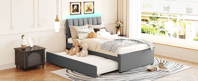 Alt view image 3 of 7 - Teddy Fleece Twin Size Upholstered Platform Bed with Trundle, Gray