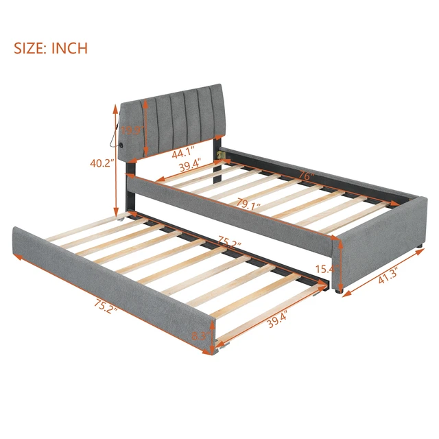 Alt view image 6 of 7 - Teddy Fleece Twin Size Upholstered Platform Bed with Trundle, Gray