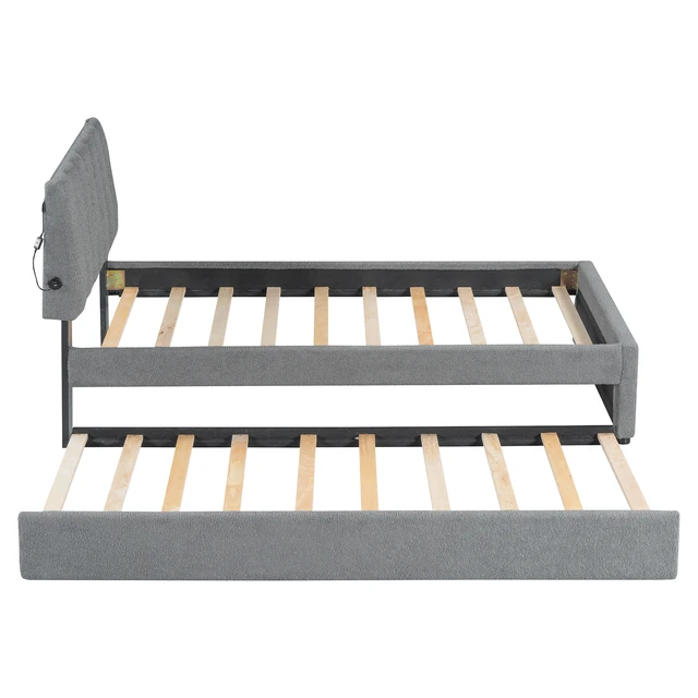 Alt view image 7 of 7 - Teddy Fleece Twin Size Upholstered Platform Bed with Trundle, Gray