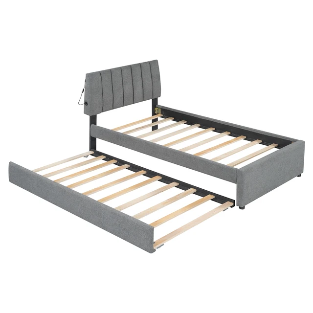 Alt view image 5 of 7 - Teddy Fleece Twin Size Upholstered Platform Bed with Trundle, Gray