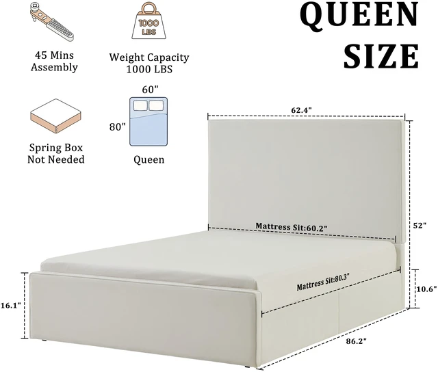 Alt view image 6 of 7 - Lucas Tall Headboard Upholstered Bed / 52" High Headboard / Elegant Simplicity / No Box Spring Needed / Easy Assembly / Queen / Coconut Micro Suede