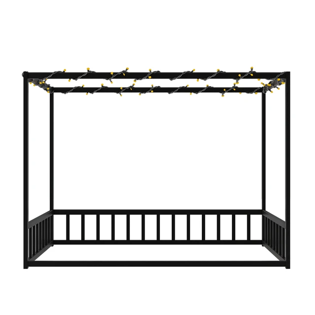 Alt view image 5 of 7 - Twin size sunshade floor bed, iron double-size bed frame, modern low-profile double-size bed, equipped with fence-style guardrails, black series