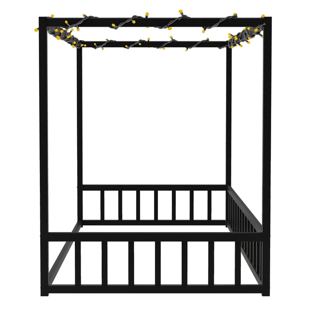Alt view image 6 of 7 - Twin size sunshade floor bed, iron double-size bed frame, modern low-profile double-size bed, equipped with fence-style guardrails, black series