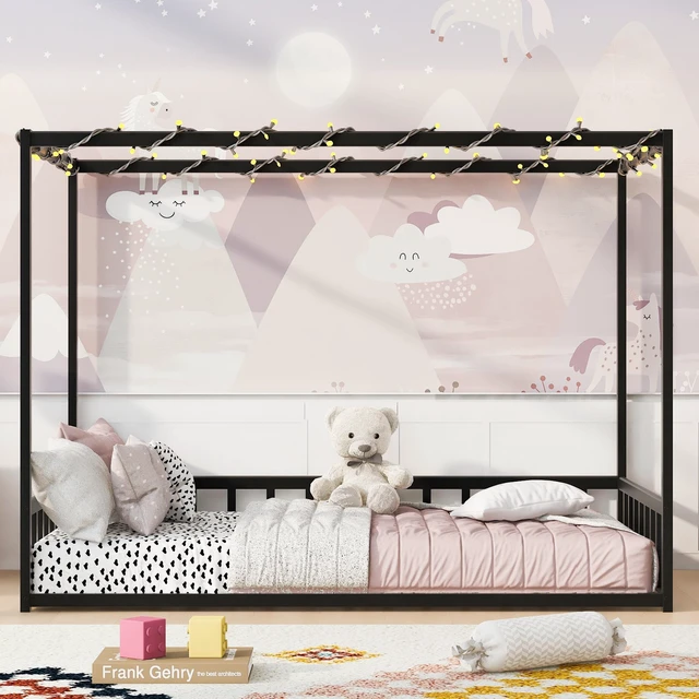 Main image of Twin size sunshade floor bed, iron double-size bed frame, modern low-profile double-size bed, equipped with fence-style guardrails, black series