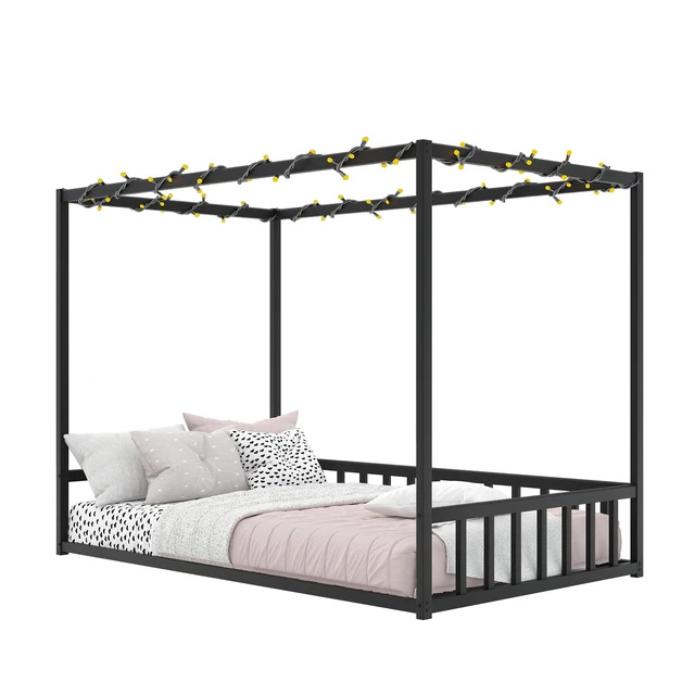 Alt view image 4 of 7 - Twin size sunshade floor bed, iron double-size bed frame, modern low-profile double-size bed, equipped with fence-style guardrails, black series