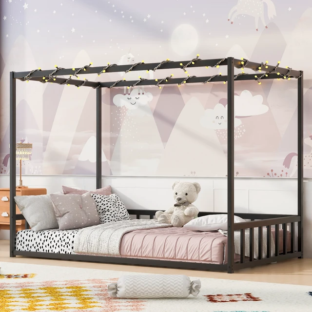 Alt view image 2 of 7 - Twin size sunshade floor bed, iron double-size bed frame, modern low-profile double-size bed, equipped with fence-style guardrails, black series