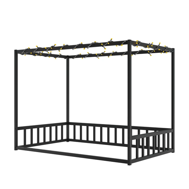 Alt view image 7 of 7 - Twin size sunshade floor bed, iron double-size bed frame, modern low-profile double-size bed, equipped with fence-style guardrails, black series