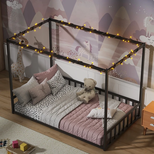 Alt view image 3 of 7 - Twin size sunshade floor bed, iron double-size bed frame, modern low-profile double-size bed, equipped with fence-style guardrails, black series