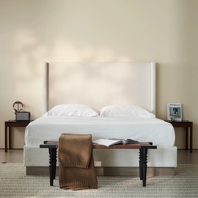 Main image of Hosford Upholstered Wingback Bed / Upholstered Wood Base Platform Bed / 52.5" High Headboard / Minimalist / Rusticity / No Box Spring Needed / King / Oat Boucle / No Noise