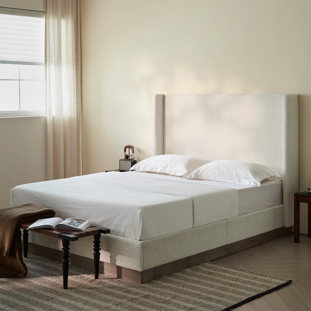 Alt view image 2 of 7 - Hosford Upholstered Wingback Bed / Upholstered Wood Base Platform Bed / 52.5" High Headboard / Minimalist / Rusticity / No Box Spring Needed / King / Oat Boucle / No Noise