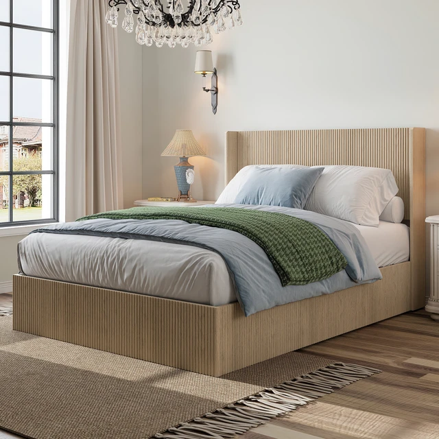 Alt view image 3 of 7 - A large raised and undulating storage bed frame with grooves. The wooden platform bed frame has a storage function that can be lifted, without requiring a spring box / no noise. Oak color ( Queen)