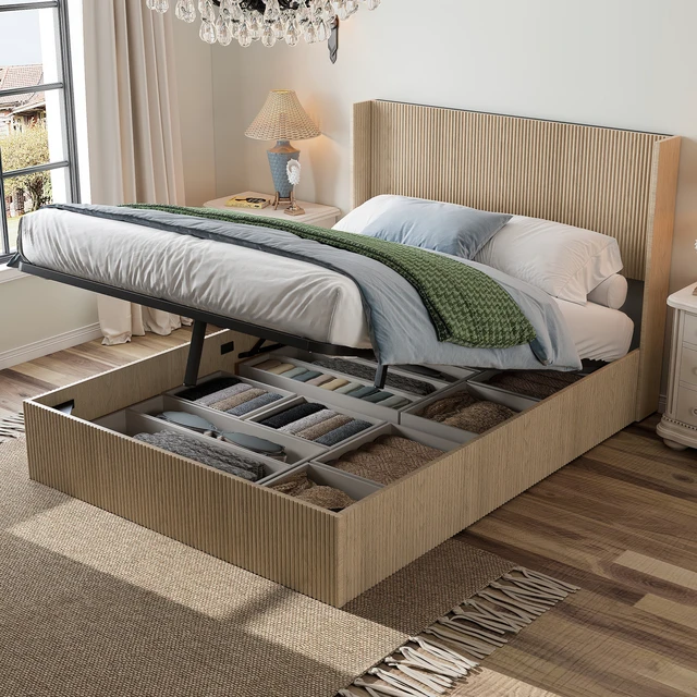 Alt view image 2 of 7 - A large raised and undulating storage bed frame with grooves. The wooden platform bed frame has a storage function that can be lifted, without requiring a spring box / no noise. Oak color ( Queen)