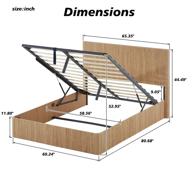 Alt view image 3 of 6 - Queen Size Lift Up Storage Bed Frame, Wooden corrugated curved lines, Hydraulic Storage/No Box Spring Needed, Oak.