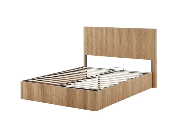 Alt view image 5 of 6 - Queen Size Lift Up Storage Bed Frame, Wooden corrugated curved lines, Hydraulic Storage/No Box Spring Needed, Oak.