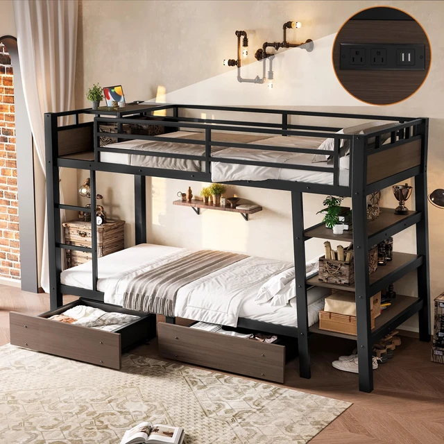 Main image of Twin Size Metal Bunk Bed with Storage Shelves , LED light strip, and USB power strip, black